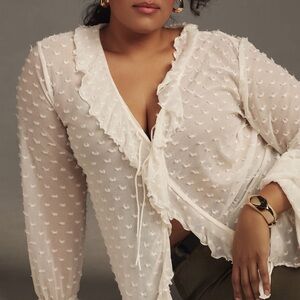 Anthropologie Cream Textured Ruffle Blouse